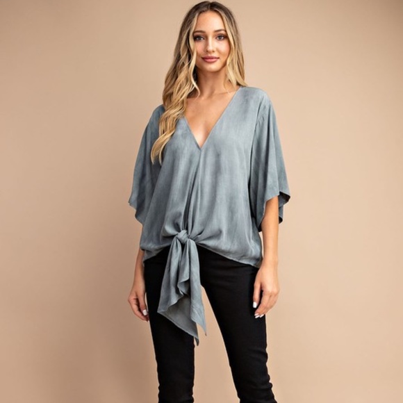 V-Neck Front Tie Solid Color Blouse Top - Picture 6 of 8